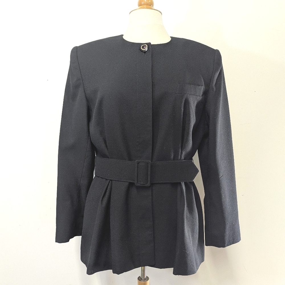 Vintage 80s - 90s Black Peplum Blazer Belted Big Shoulder Round Neck 12 M L